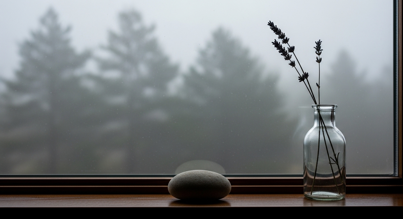A stone and lavender on a rainy windowsill — stillness and reflection