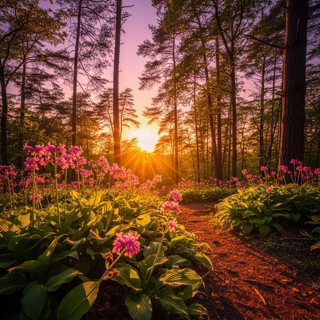 Sunlit forest path with blossoms