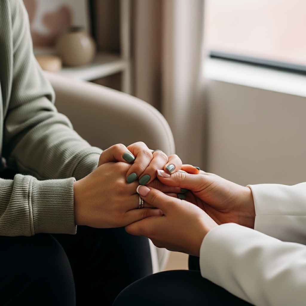 Two women holding hands in a supportive therapy setting